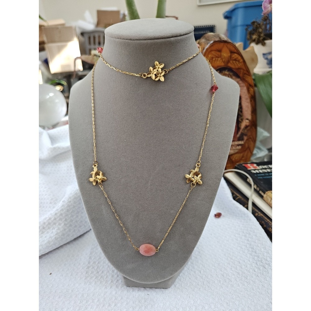 Necklace Gold Hawaiian Plumeria Flower Pink Stone Long Chain